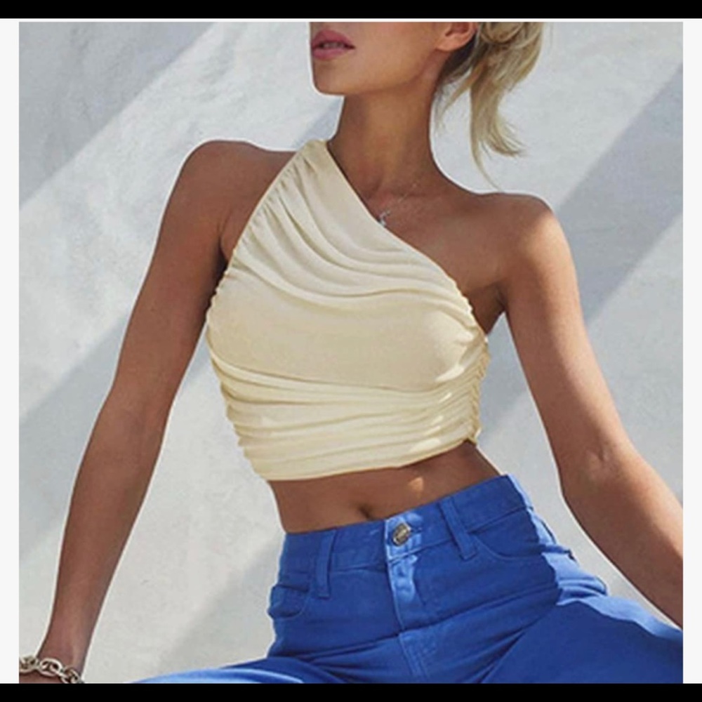 Ruched One Shoulder Crop Top - Off White/Cream